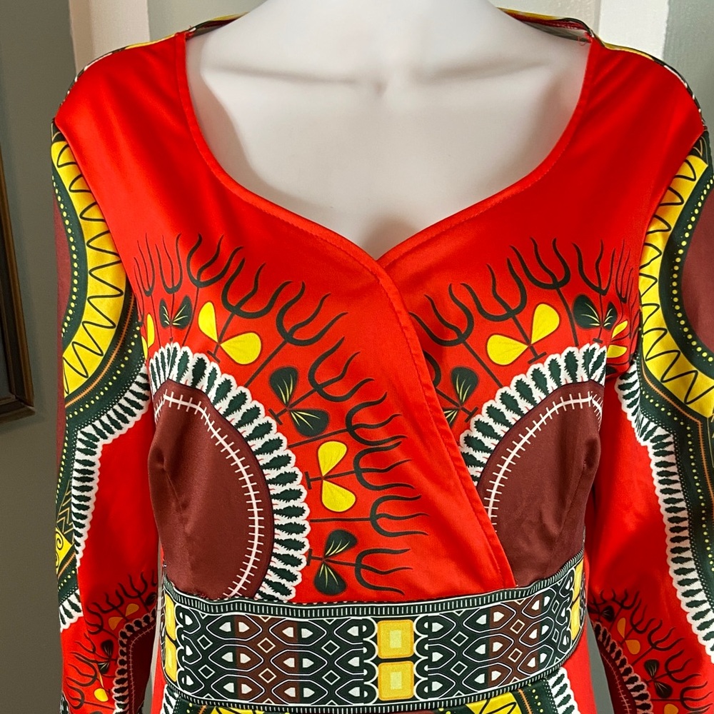 Red Dashiki African Style Midi Sheath Dress XXL XXLarge Volup Bodycon Plus Size - Picture 3 of 13